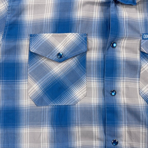Dixxon Rincon Bamboo Blend Short Sleeve Plaid Snap Button Shirt Large Blue White - Picture 8 of 11